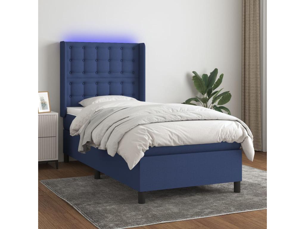 Upholstered bed base with mattress and LED light, blue, 80x200cm, fabric, 19928GPZX