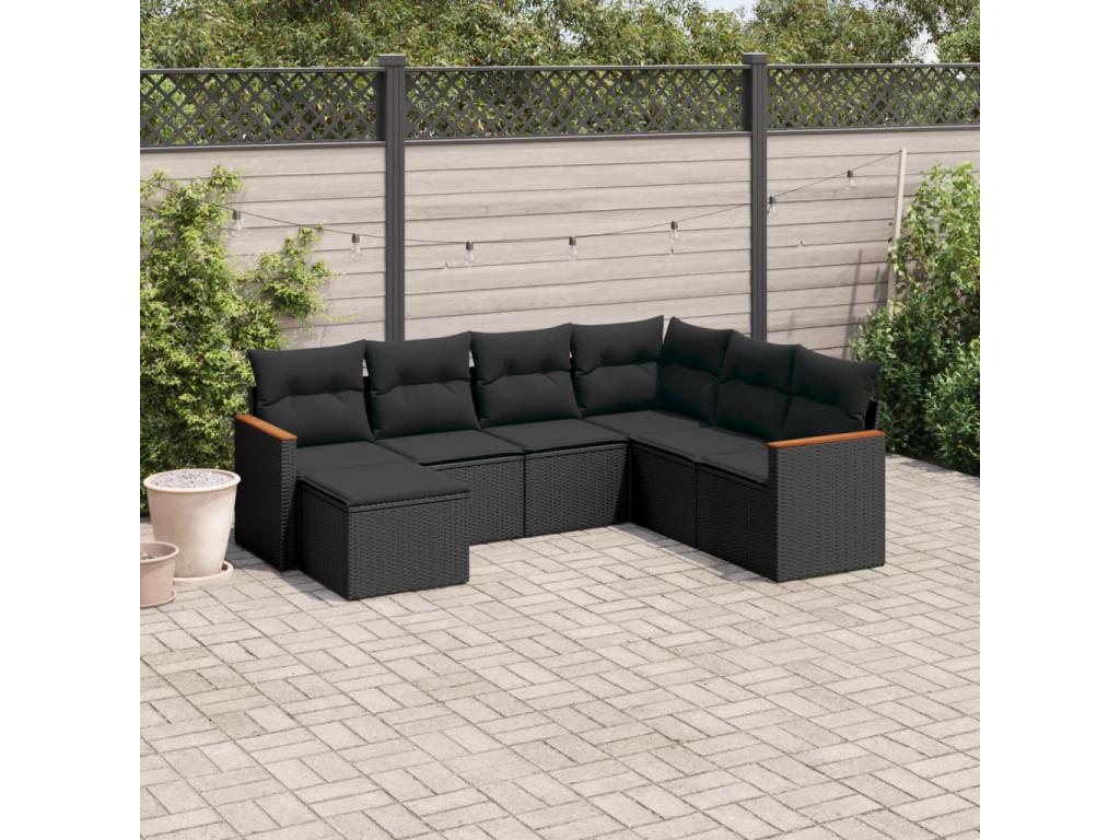 7-piece garden furniture set with cushions, black wicker resin, 24785FVSK