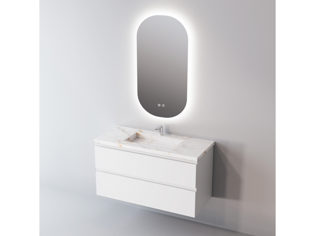 Bathroom vanity unit with countertop basin, white porcelain stoneware, 2 drawers, W100 x H54 x D45 cm, light oak finish, STEP 03073KTHV