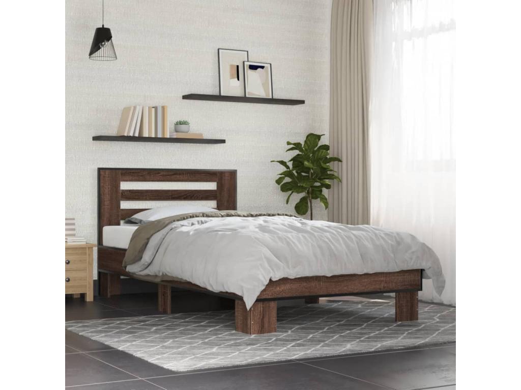 Brown oak bed frame 75x190 engineered wood and metal 32930WMYA
