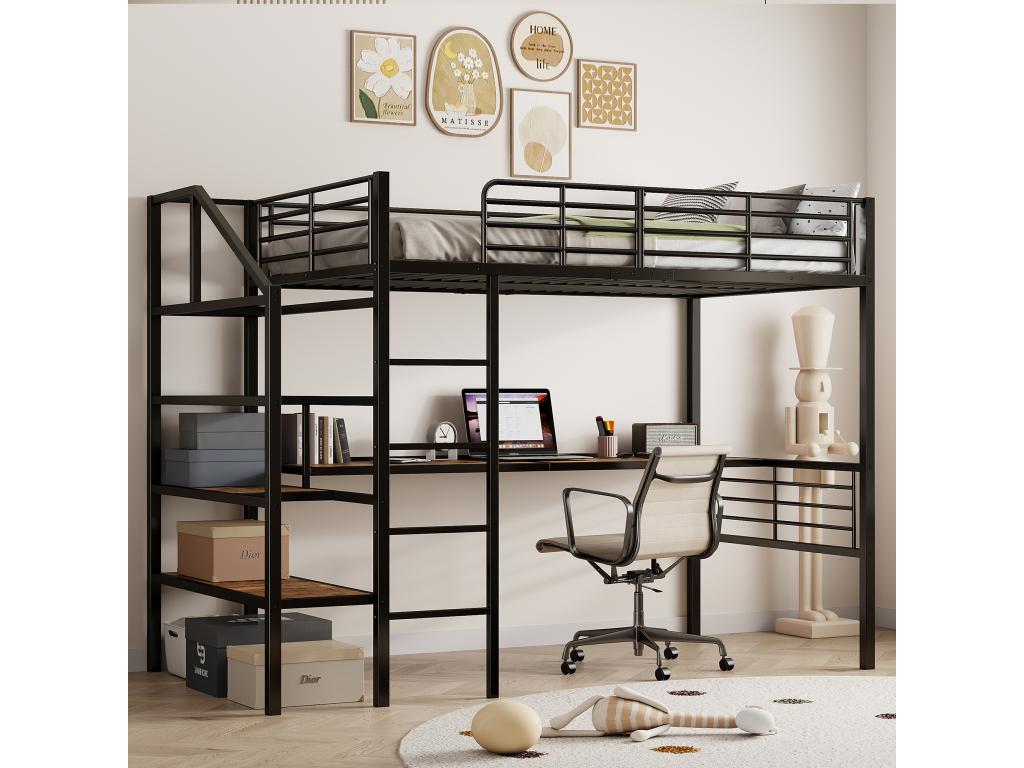 90x200 cm loft bed with desk and storage steps - Metal and MDF - Black (mattress not included) 99671DWDW