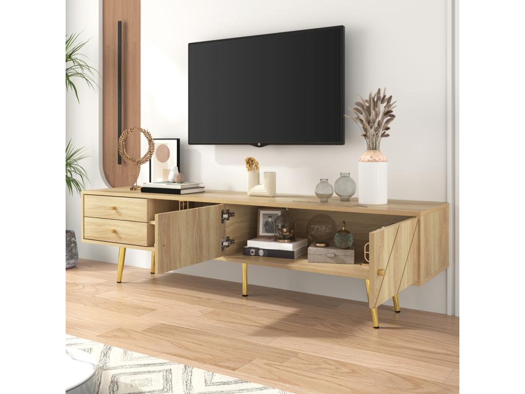 TV stand 160x36x42cm - with 2 drawers and 2 doors - gold legs - Natural 28133JIUW