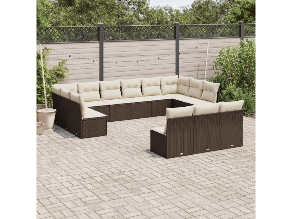 13-piece garden furniture set with cushions, brown woven resin, 64999HVNG
