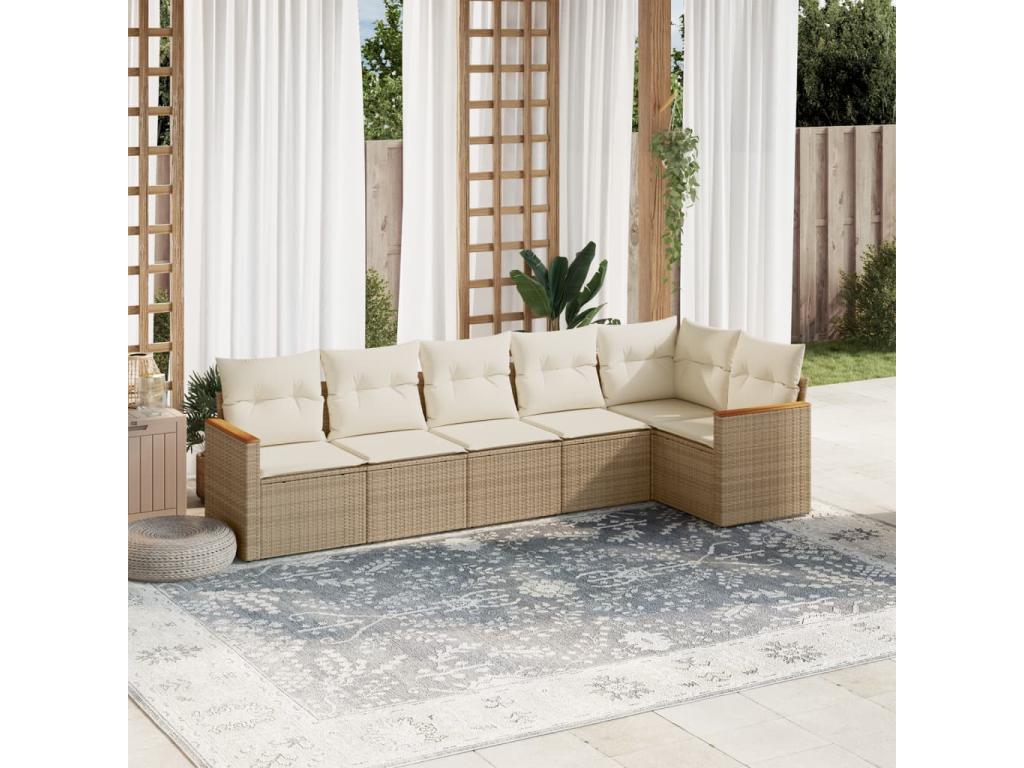 6-piece garden furniture set with cushions, beige woven resin, 33063RFMP
