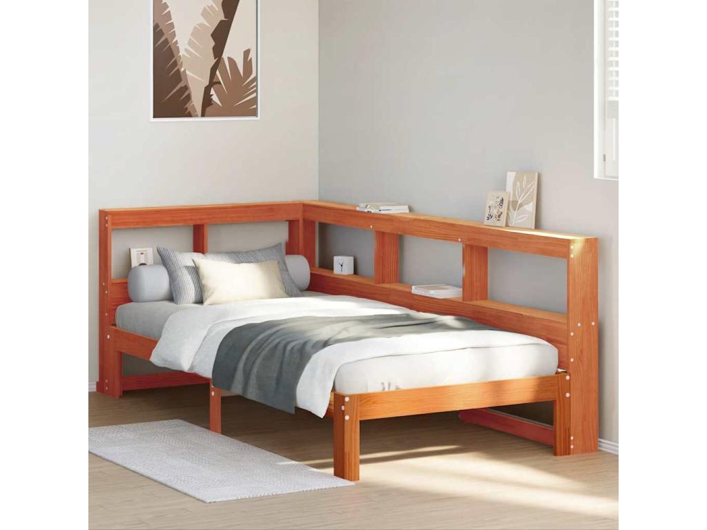 Bookshelf bed without mattress, brown wax finish, 90x190 cm, solid pine, 76975QQHU