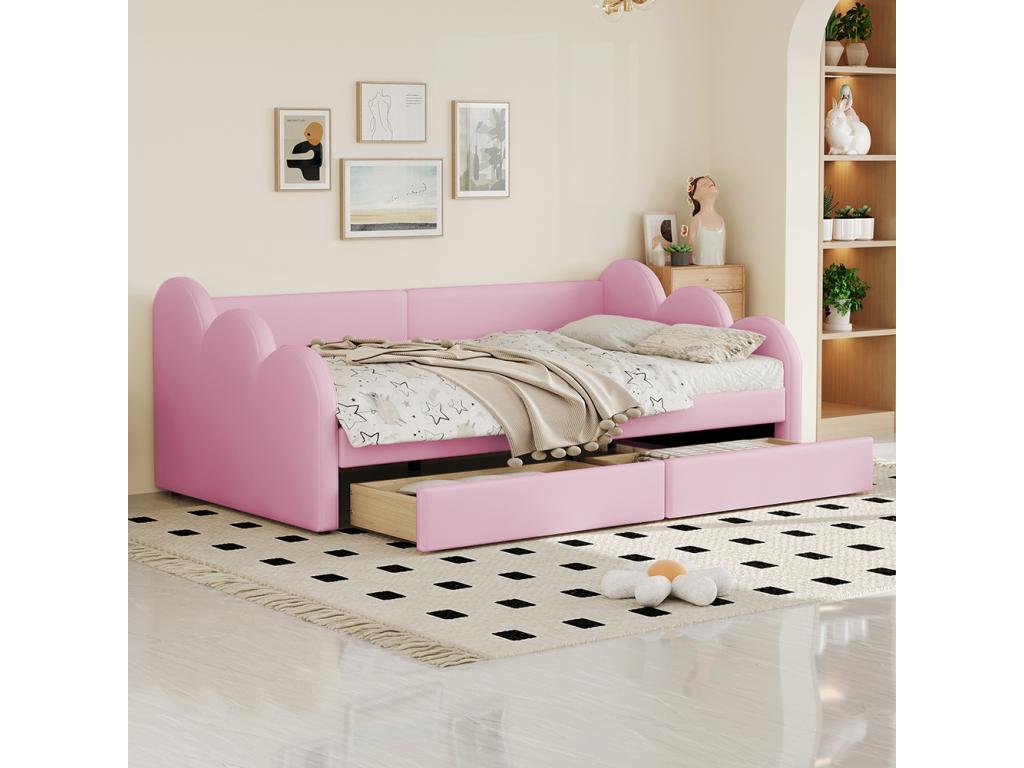 Sofa bed, 90x200 cm, multifunctional bed with backrest and armrests, with 2 storage compartments, teen bed, pink, 66028WFEW