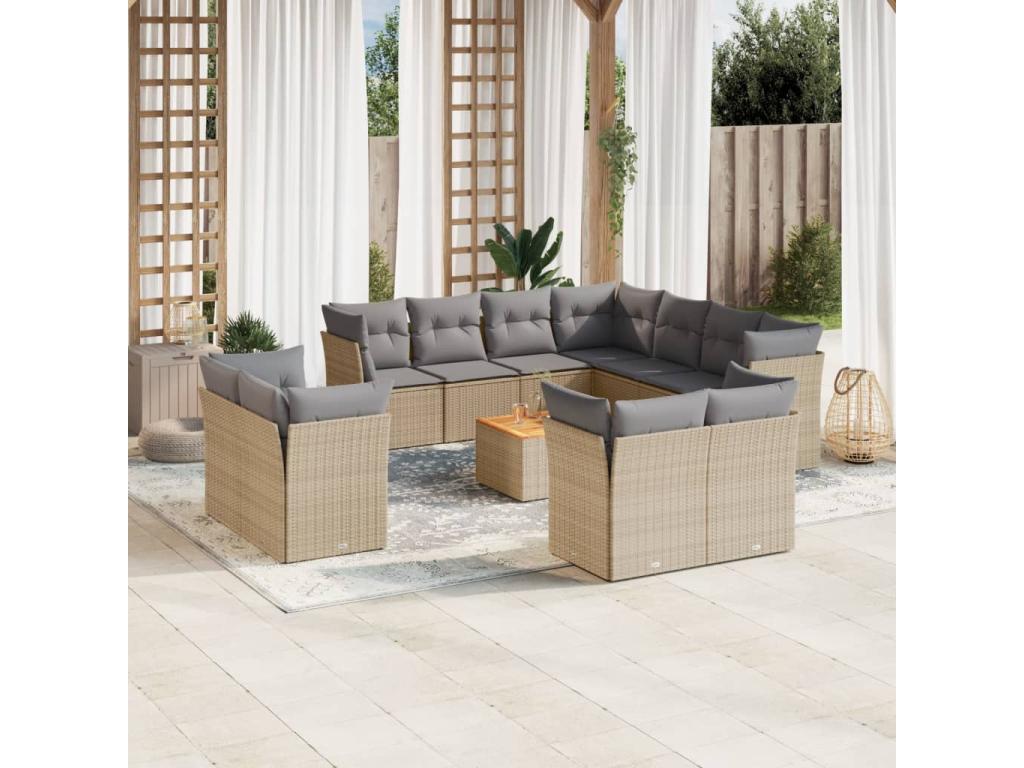 12-piece garden furniture set with cushions, beige wicker resin, 91818EXYZ