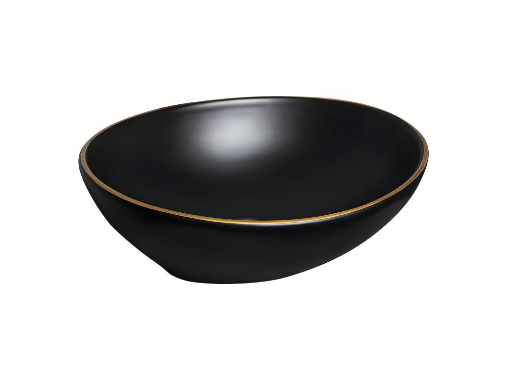 Nidchicshop oval ceramic countertop washbasin, black with gold trim, 41.5 x 33.5 cm, 32197UWHP