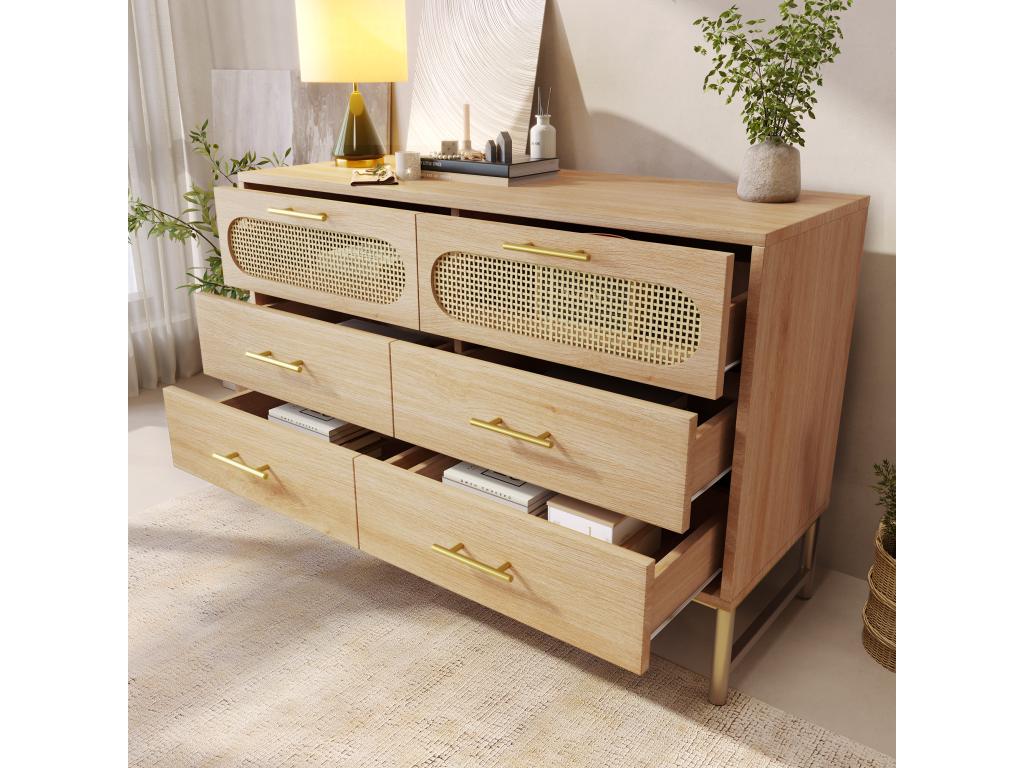 Oak-effect rattan sideboard with 6 drawers, gold handles and legs, 120x40x74cm, Calmetop 81603QJMY
