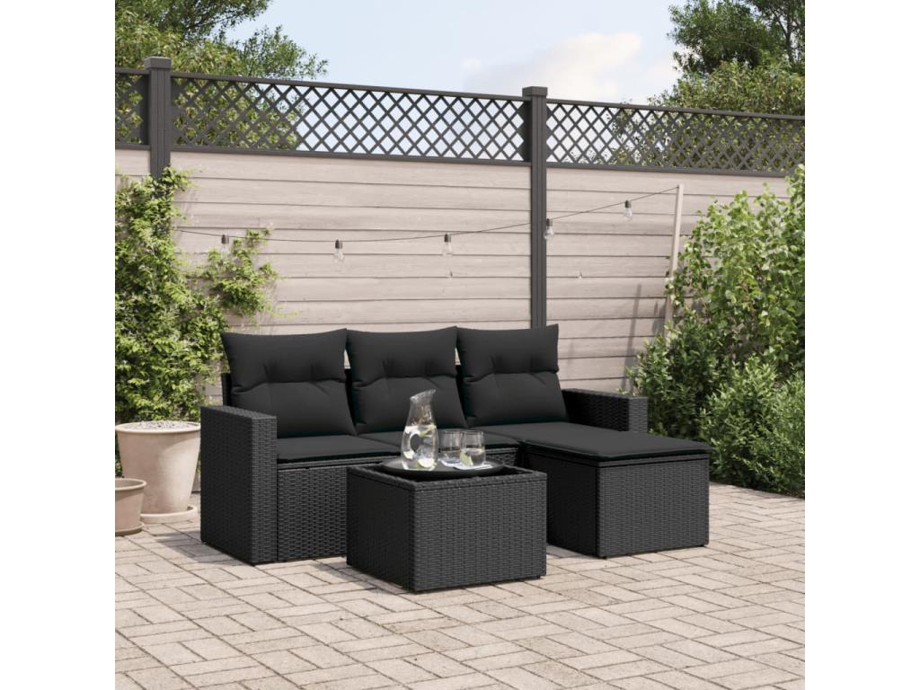 5-piece garden furniture set with cushions, black woven resin 89790OMYF