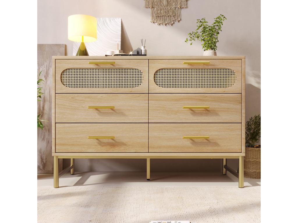 Oak-effect rattan sideboard with 6 drawers, gold handles and legs, 120x40x74cm, Calmetop 81603QJMY