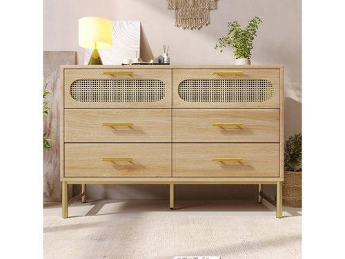 Oak-effect rattan sideboard with 6 drawers, gold handles and legs, 120x40x74cm, Calmetop 81603QJMY