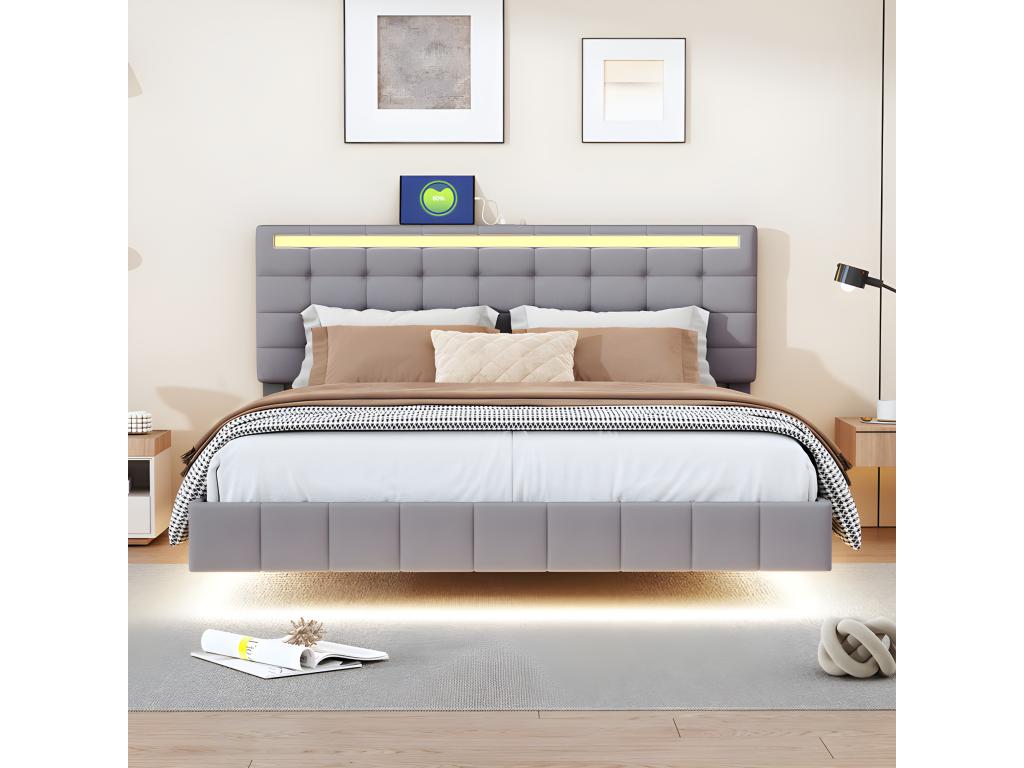 Adult bed 160x200cm - floating bed with LED and 2 USB ports, Calmetop slatted base - linen fabric - Grey 20677DTZX