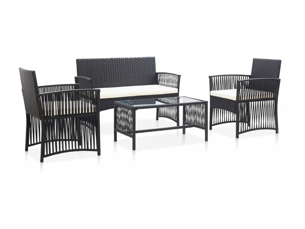4-piece garden furniture set with cushions, black wicker resin, 12069OGDY