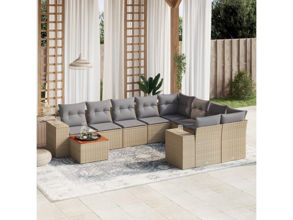 Garden furniture set with cushions, 10 pieces, beige woven resin, 68937LBLP