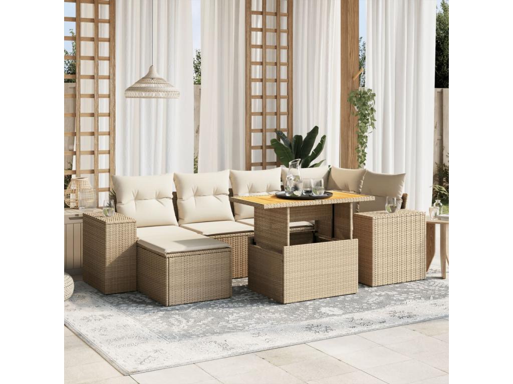 7-piece garden furniture set with cushions, beige wicker resin, 60132RLHC