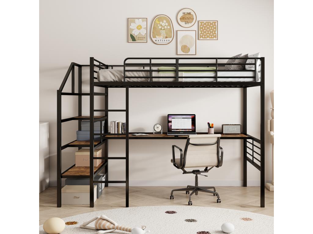 90x200 cm loft bed with desk and storage steps - Metal and MDF - Black (mattress not included) 99671DWDW