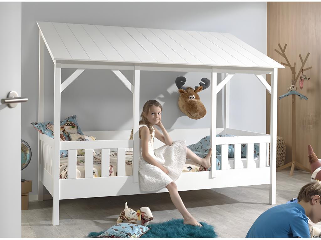 Calmetop 90x200cm White Children's Cabin Bed Set with Slatted Base and Mattress 74689NTEF