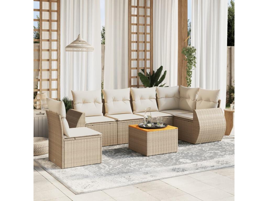 7-piece garden furniture set with cushions, beige woven resin 03347LXND