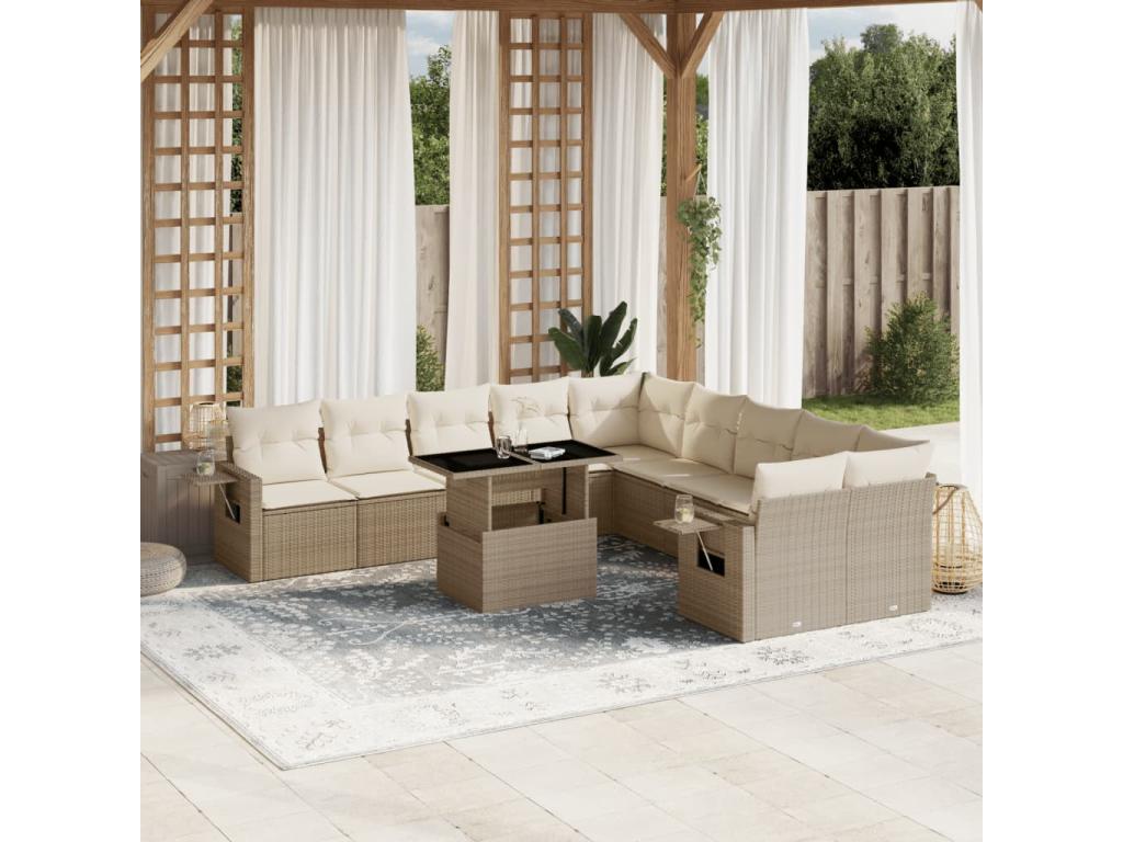 11-piece garden furniture set with beige resin wicker cushions 83227BZTK