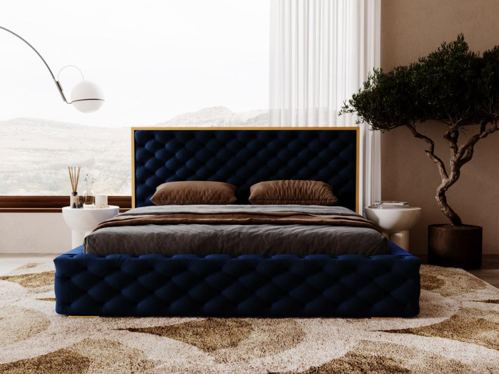 Upholstered bed with storage - 160x200 - double bed - velvet - blue - Calmetop 87915DNSE