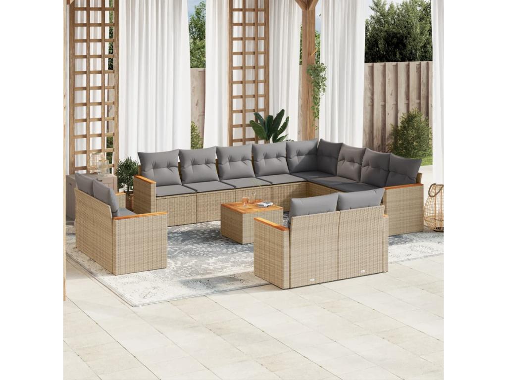 13-piece garden furniture set with cushions, beige wicker resin, 30112CVLY