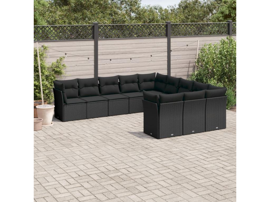 11-piece garden furniture set with cushions, black resin wicker, 80691SUNZ
