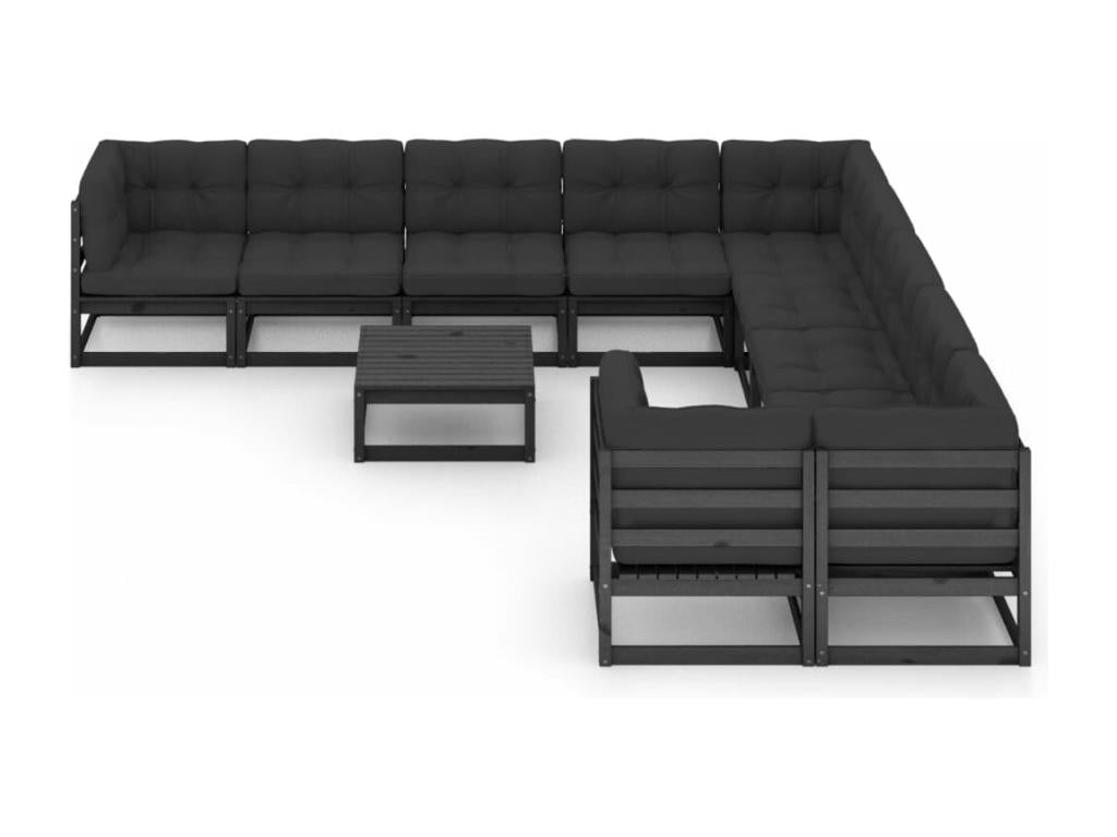11-piece garden furniture set with cushions, black, solid pine wood, 09873LDAQ