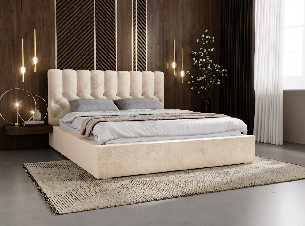 Upholstered bed with storage - 180x200 - double bed - velvet - beige - Roma 67417AZGP