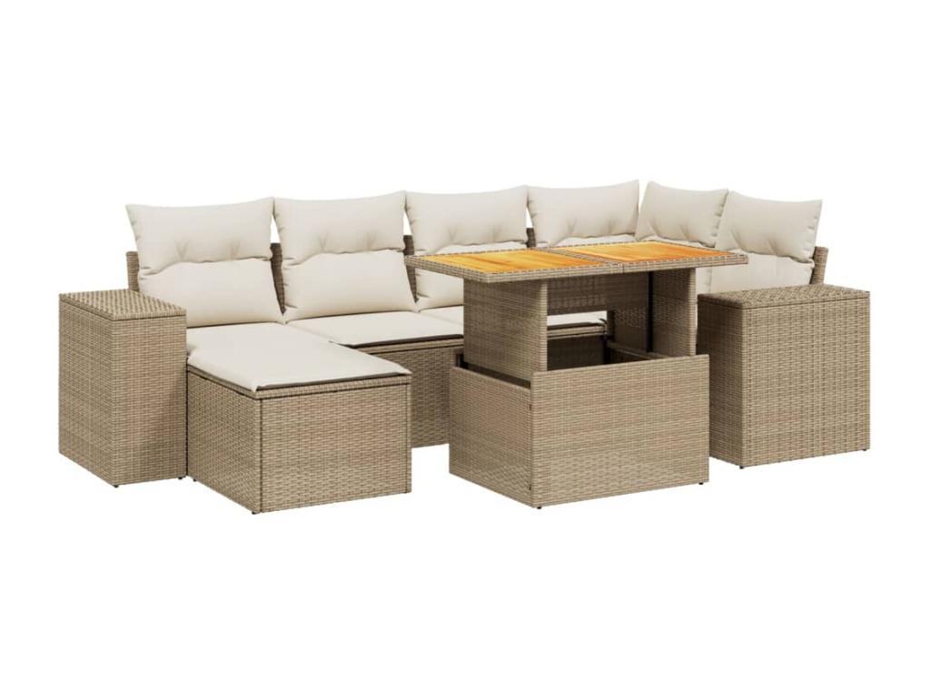 7-piece garden furniture set with cushions, beige wicker resin, 60132RLHC