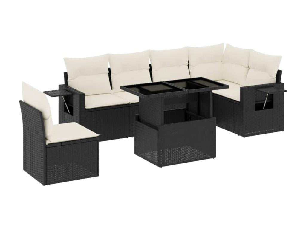 7-piece garden furniture set with cushions, black woven resin, 86346UZAX