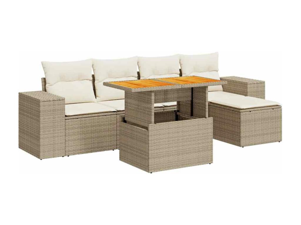 6-piece garden furniture set with cushions, beige wicker resin, 98221MUZW
