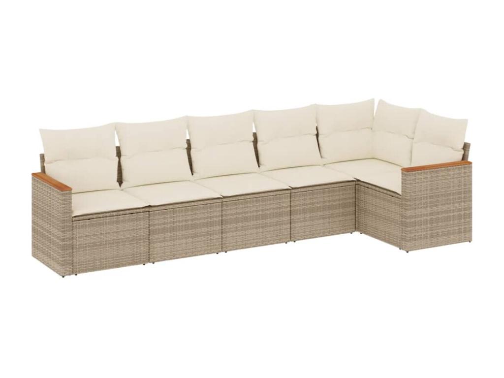 6-piece garden furniture set with cushions, beige woven resin, 33063RFMP