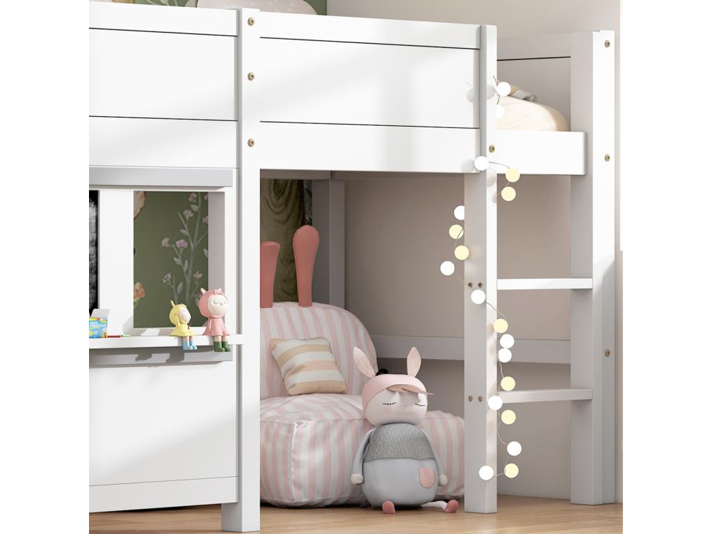 Nidchicshop Bunk Bed 90x200cm Children's Cabin Bed with 1 Slatted Base, 3 Storage Stairs and Window, Pine, White, 40540QUDL