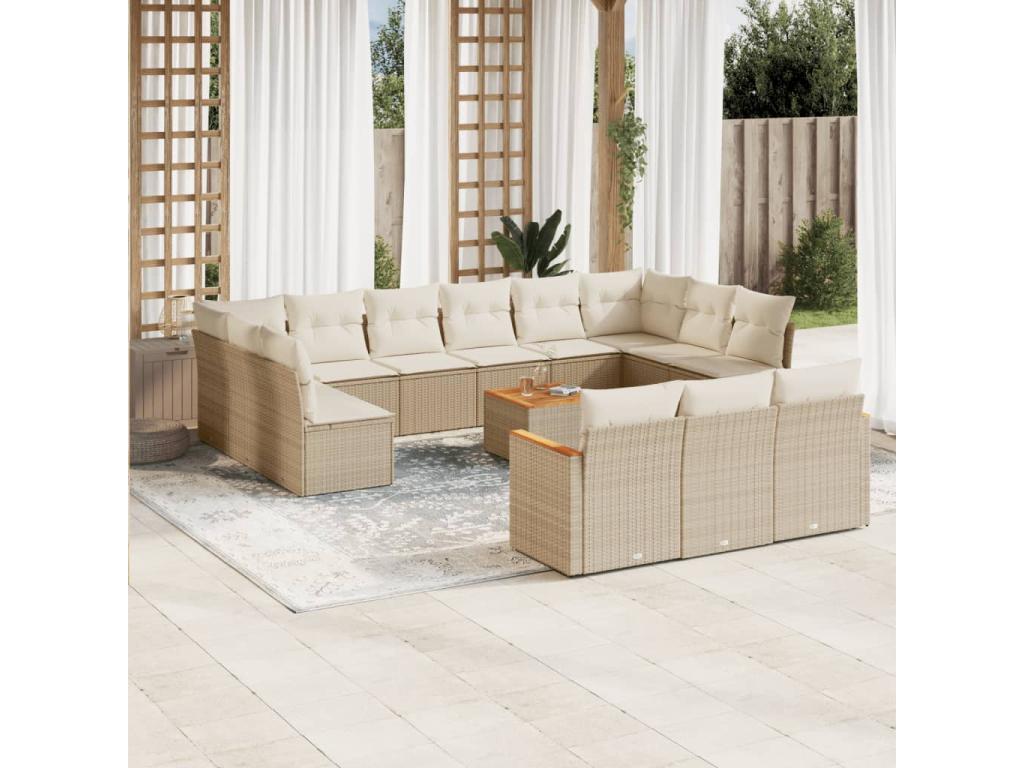 14-piece garden furniture set with cushions, beige wicker resin, 44960PDQM