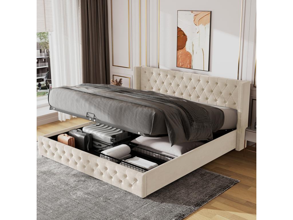 Storage bed 140x190 cm - velvet - decorated with buttons and rivets - beige color 55854SYWP