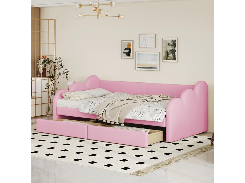 Sofa bed, 90x200 cm, multifunctional bed with backrest and armrests, with 2 storage compartments, teen bed, pink, 66028WFEW