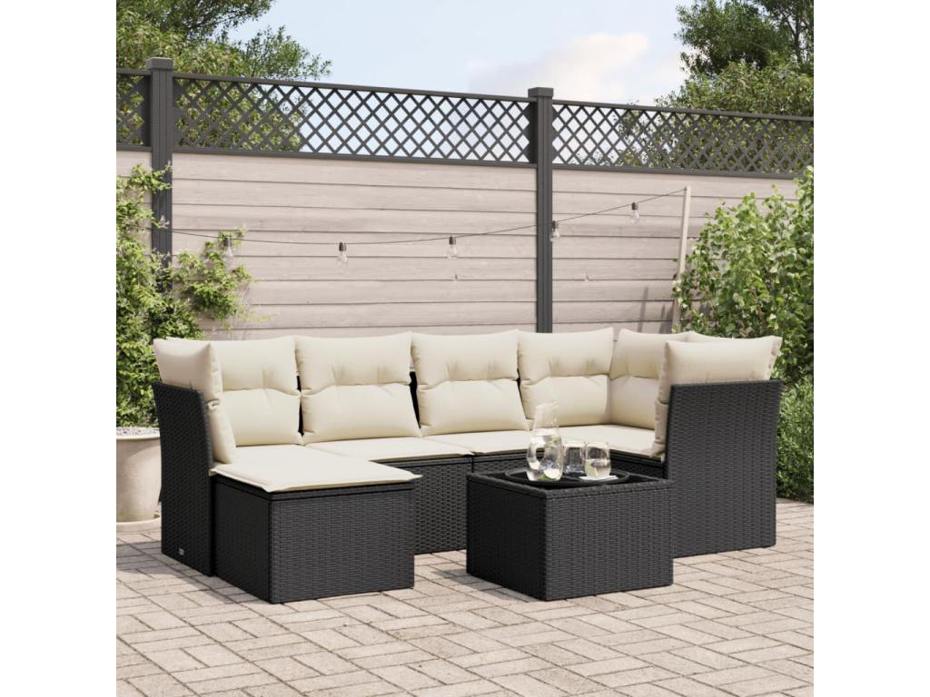 7-piece garden furniture set with cushions, black woven resin 36630XXJZ