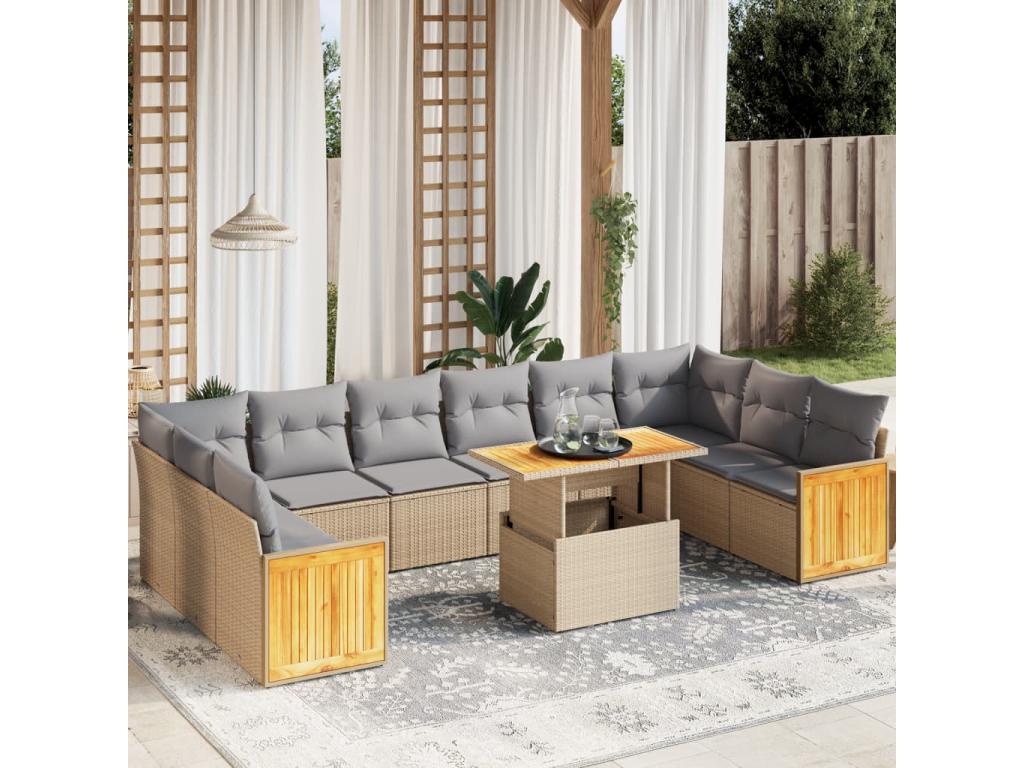 11-piece garden furniture set with beige resin wicker cushions 57763CSUZ