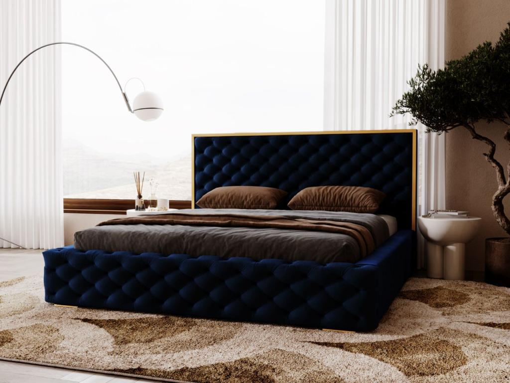 Upholstered bed with storage - 160x200 - double bed - velvet - blue - Calmetop 87915DNSE