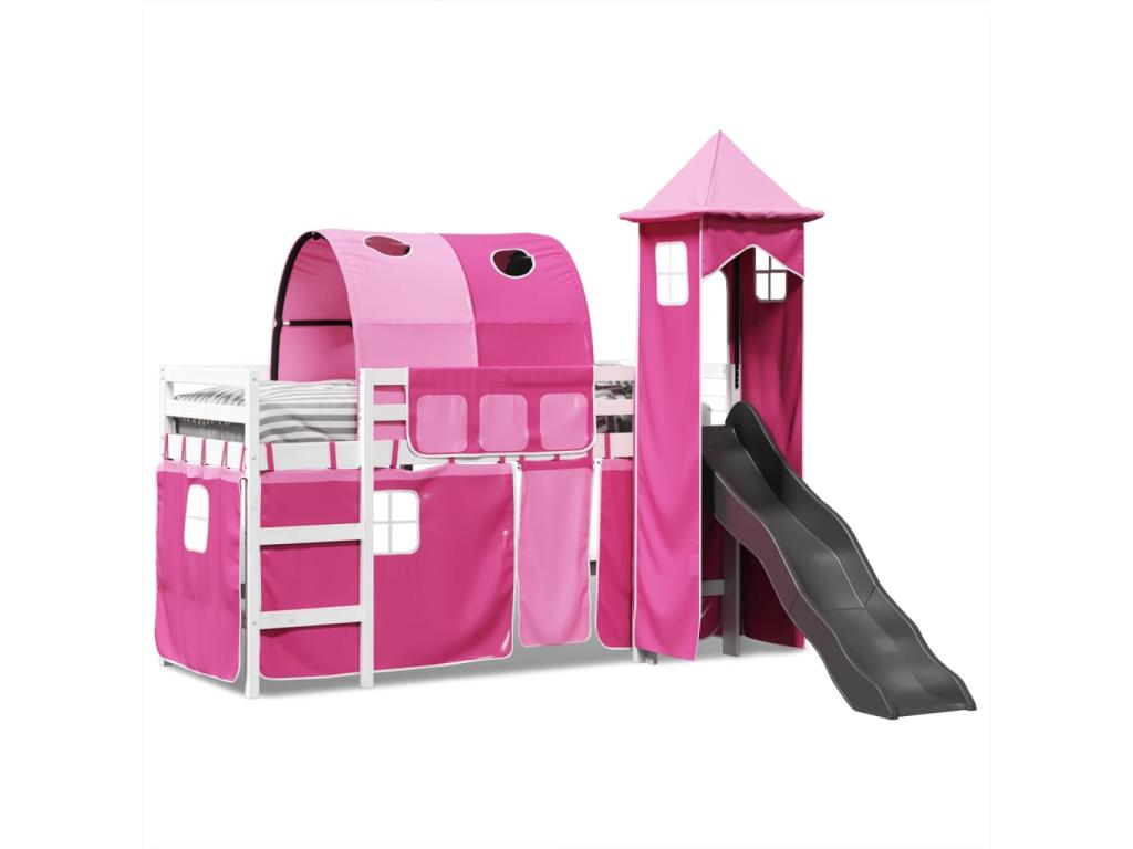Children's loft bed with pink tower, 90x190 cm, solid pine wood, 30985SIOL