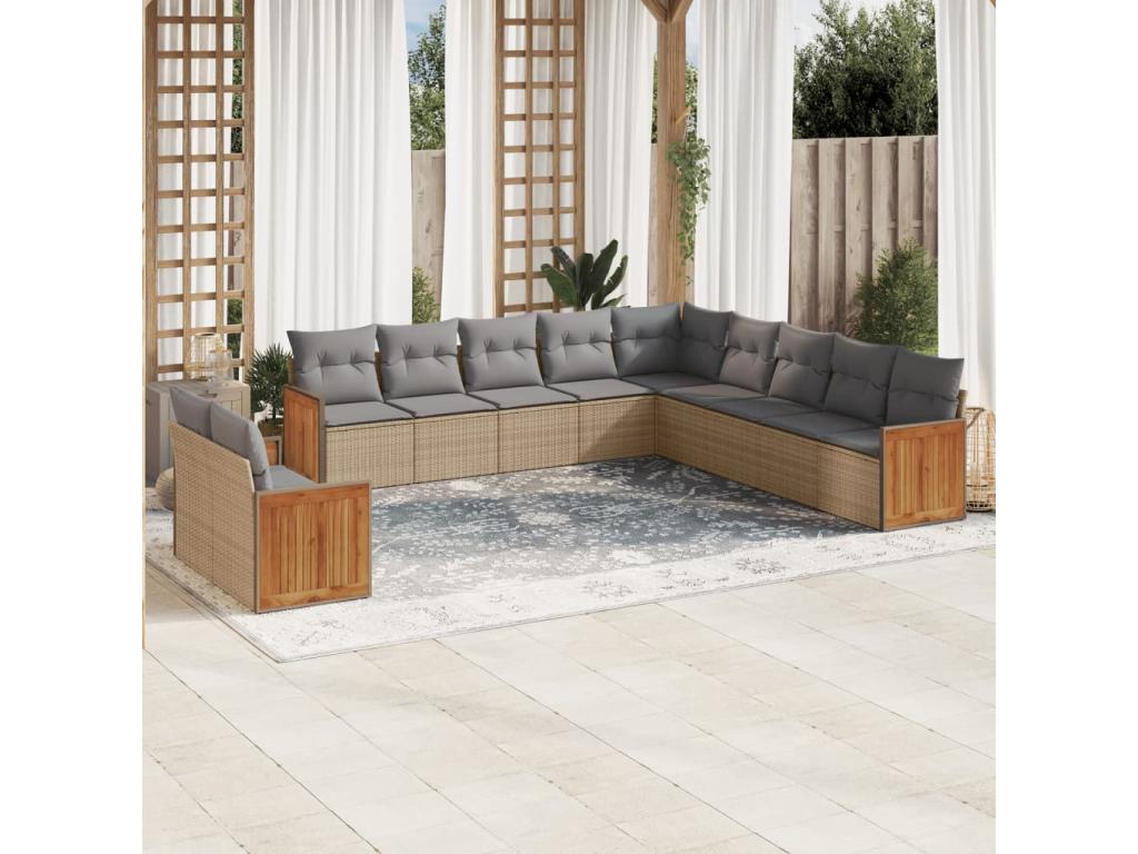 11-piece garden furniture set with beige resin wicker cushions 78584GYHZ