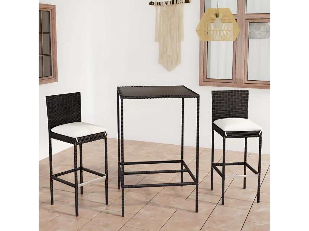 3-piece garden bar set and cushions, black wicker resin, 76761PFVB