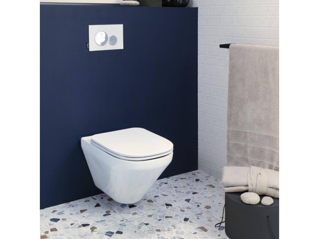 Calmetop Modern Life rimless wall-hung toilet pack with toilet seat and concealed cistern, white rectangular plate 42970TLDT
