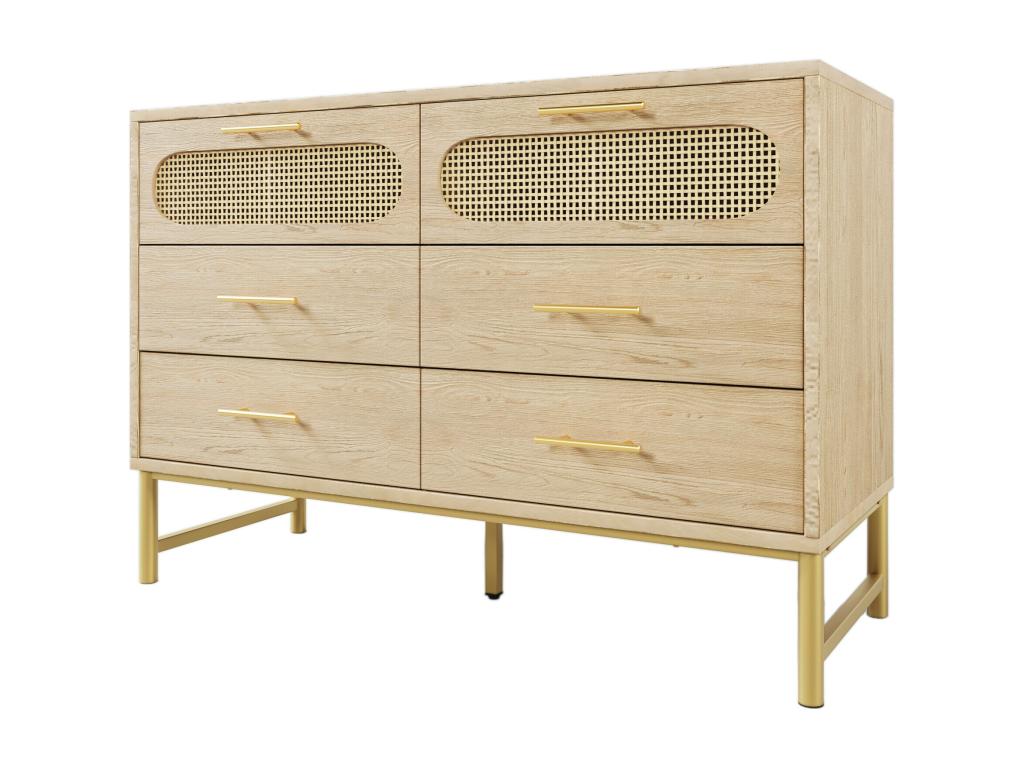 Oak-effect rattan sideboard with 6 drawers, gold handles and legs, 120x40x74cm, Calmetop 81603QJMY