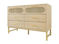 Oak-effect rattan sideboard with 6 drawers, gold handles and legs, 120x40x74cm, Calmetop 81603QJMY