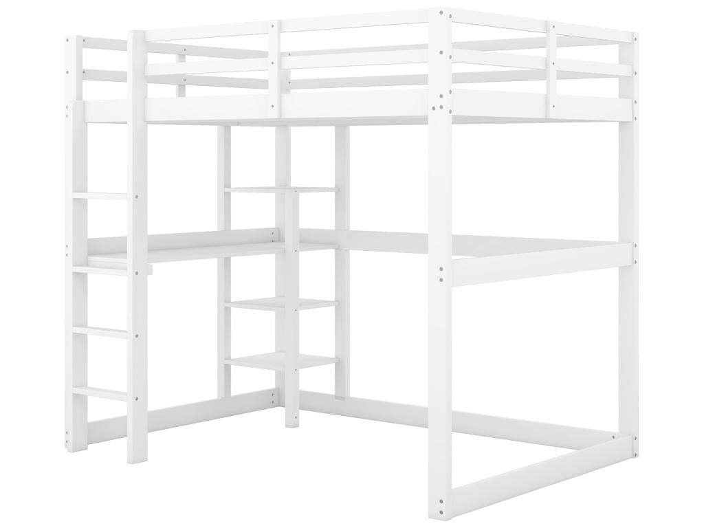 Loft bed - 140x200 cm - with desk and storage shelf - pine - white color 06876IMCL