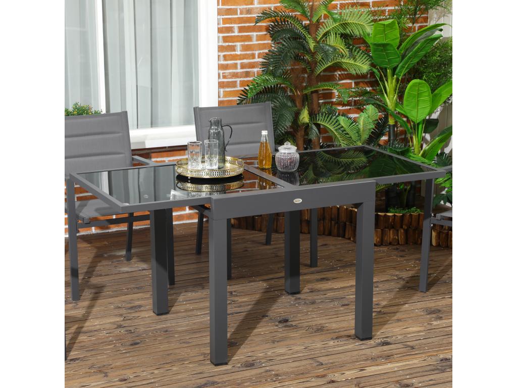 Large extendable garden table, dimensions when unfolded: 160L x 80W x 75H cm, anthracite epoxy-coated aluminum frame, black tempered glass top, 88892FVQP