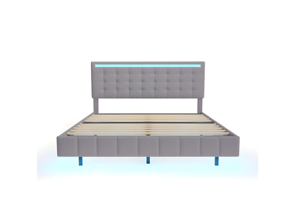 Adult bed 160x200cm - floating bed with LED and 2 USB ports, Calmetop slatted base - linen fabric - Grey 20677DTZX