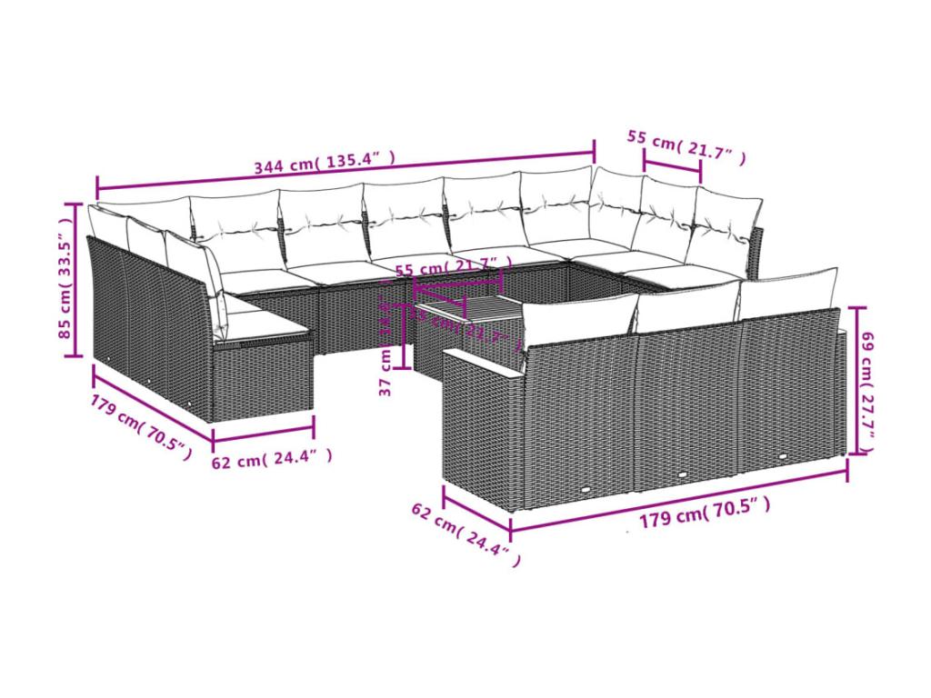 14-piece garden furniture set with cushions, beige wicker resin, 44960PDQM